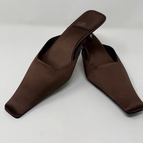 Jeffrey Campbell Size US 9.5 Esmeralda Square Toe Mule in Brown Silk Kitten Heel - Picture 1 of 16